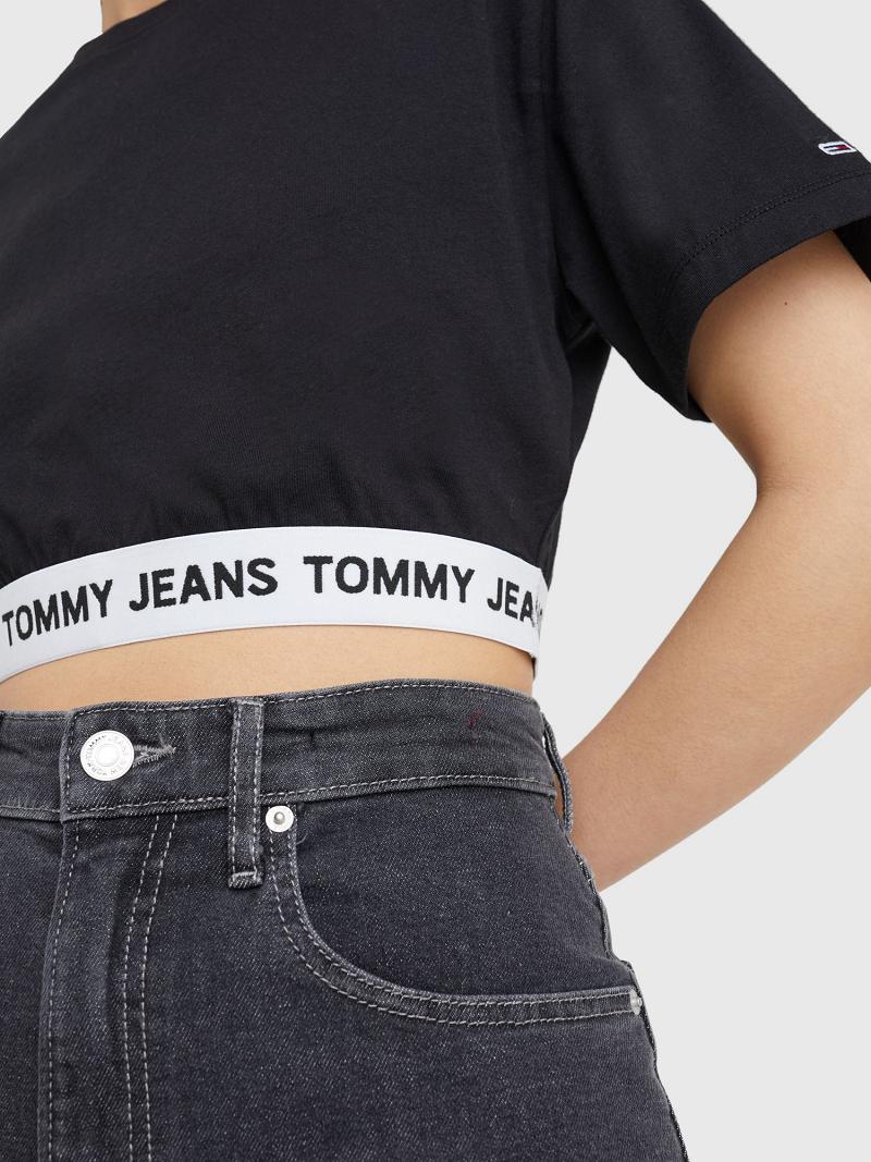 Női Tommy Hilfiger Cropped Logo Tape Póló Fekete | HU 437KOR